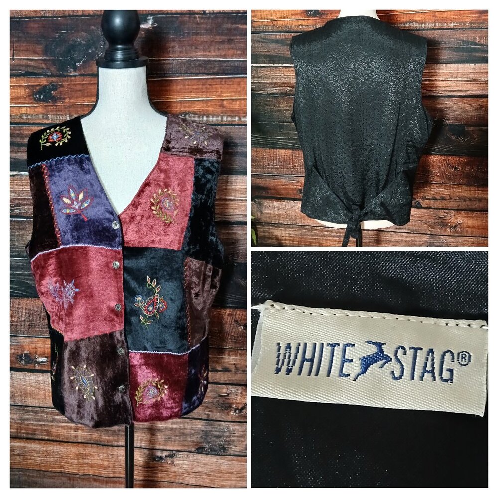 White Stag Vintage Vest L Velvet Patchwork Embroidered Boho Button Front